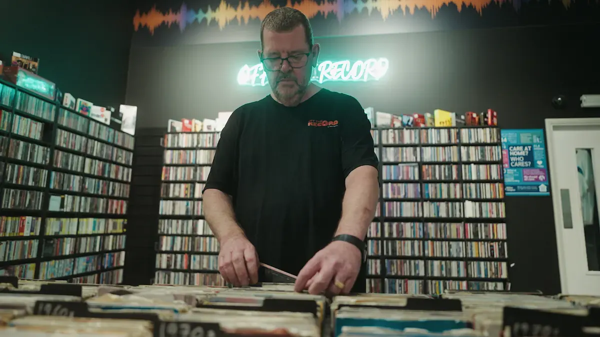 Shoppers browsing vinyl at Off The Record during Record Store Day